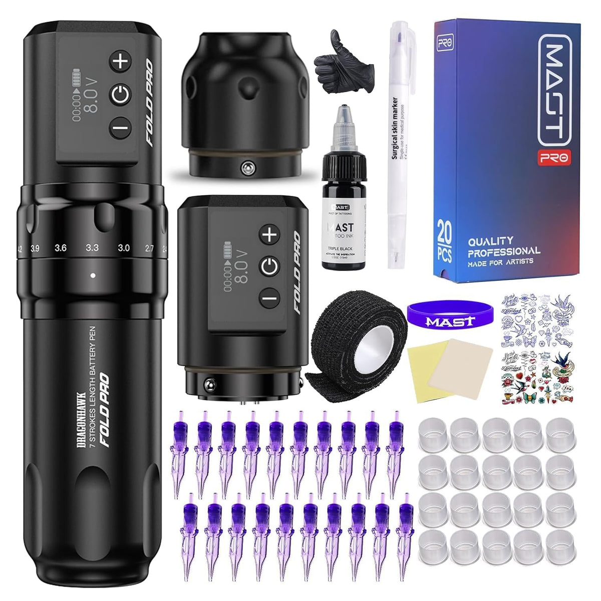 Mast Tattoo Wireless Tattoo Kit Fold Pro Tattoo Pen Machine Gun with 2 Batteries Complete Tattoo Kit Needles Cartridges MY032
